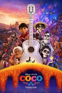 The poster for the animated movie "Coco" by Disney Pixar, featuring characters celebrating the Day of the Dead Mexico with a prominent white guitar in the center, surrounded by colorful and festive scenes from the Land of the Dead.