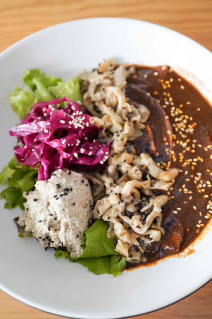 A plate of traditional Mexican food featuring a rich, dark mole sauce, fresh greens, purple cabbage, and a portion of rice, illustrating the culinary delights enjoyed during Day of the Dead Mexico celebrations.