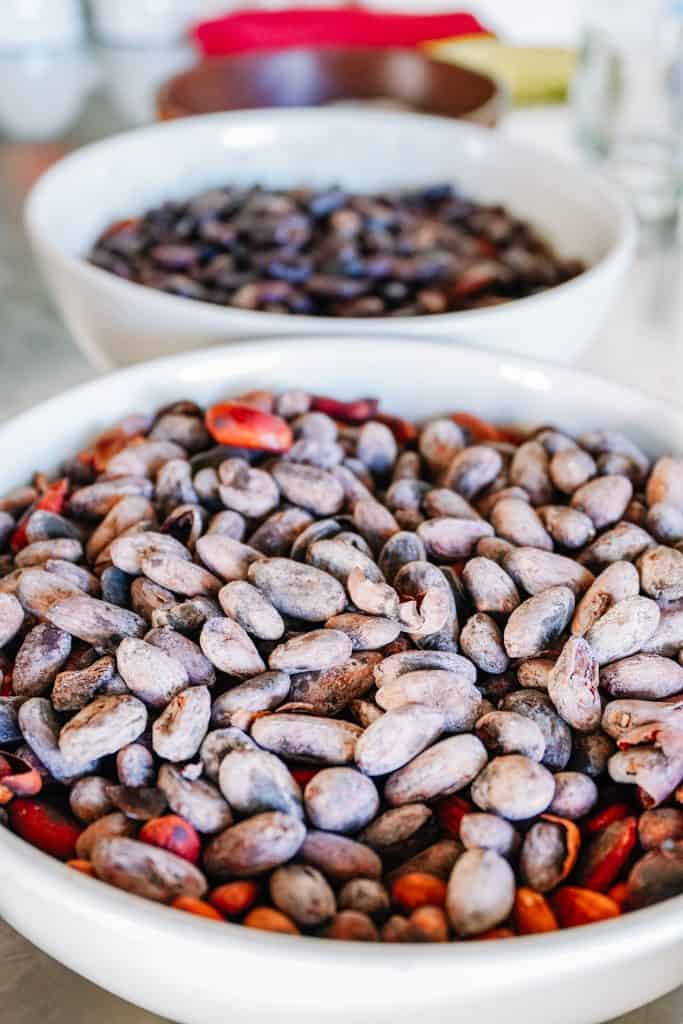 There are two bowls filled with cacao beans, an essential ingredient in many traditional dishes prepared in an Oaxaca restaurant.