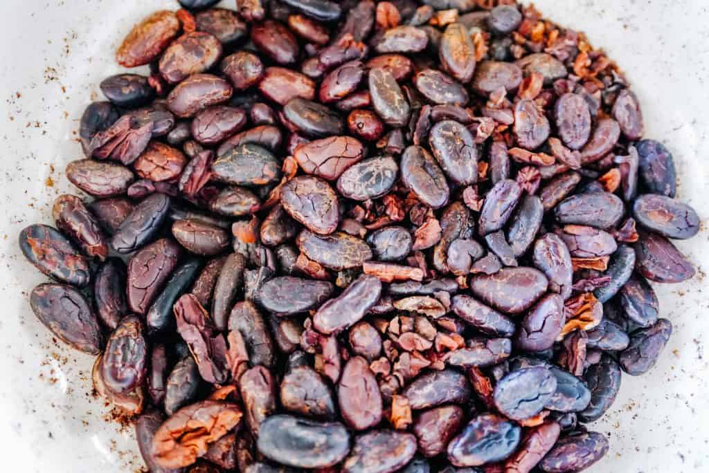 A bowl filled with roasted cacao beans, ingredient in traditional Oaxacan cuisine.