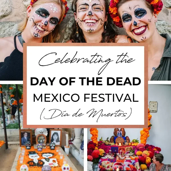 A vibrant Day of the Dead Mexico celebration, featuring colorful sugar skulls, traditional marigolds, and candles arranged on an altar. The decorations honor and remember loved ones, with bright colors symbolizing the joy and spirit of the occasion.