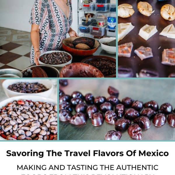 Standing and smiling at the table with roasted cocoa in front and some delicious looking handmade food at some Oaxaca restaurant in Mexico.