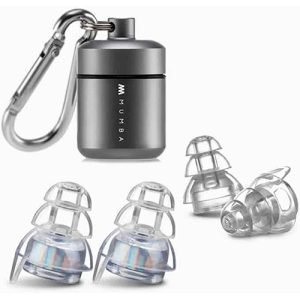 A set of clear earplugs with a metal carrying case and a carabiner, ideal for blocking out noise and ensuring restful sleep on the ultimate backpacking packing list.