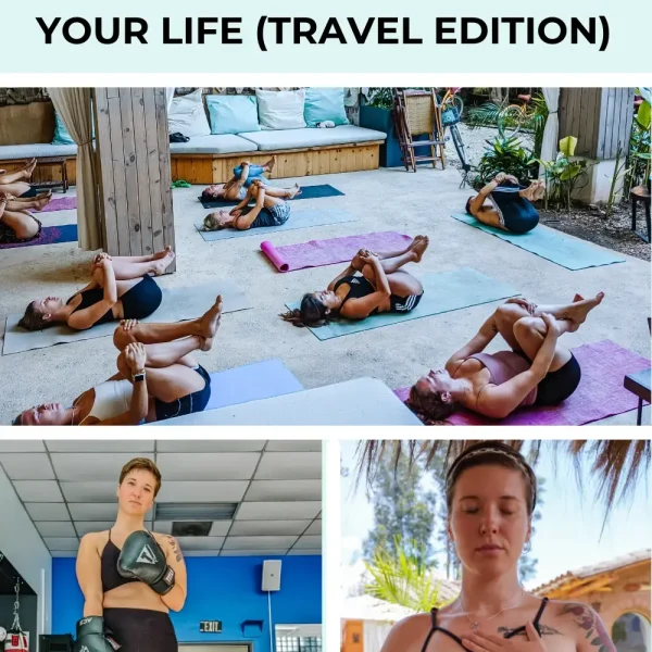 I’m wearing a sports bra and boxing gloves at the bottom left, lying on a yoga mat with others, holding our legs upward. My eyes are closed, hands on my chest, taking deep breaths, with a tattoo on my left shoulder, showing how to recover from burnout through relaxation and mindfulness.