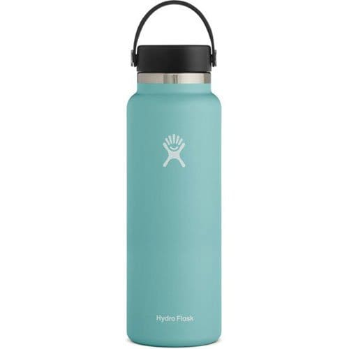 A light blue insulated water bottle with a black cap and carrying handle, which is essential for staying hydrated during a Vipassana Meditation Retreat.