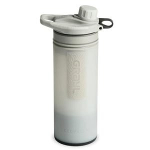 A gray, insulated water bottle with a secure, twist-on lid and a convenient carrying loop. Bringing a sturdy water bottle like this to a Vipassana Meditation Retreat ensures you can easily stay hydrated throughout the long meditation sessions.