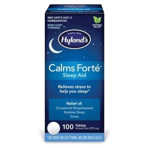 A box of Hyland's Calms Forté Sleep Aid, containing 100 tablets for relieving stress and aiding sleep, making it a useful item for the ultimate backpacking packing list.