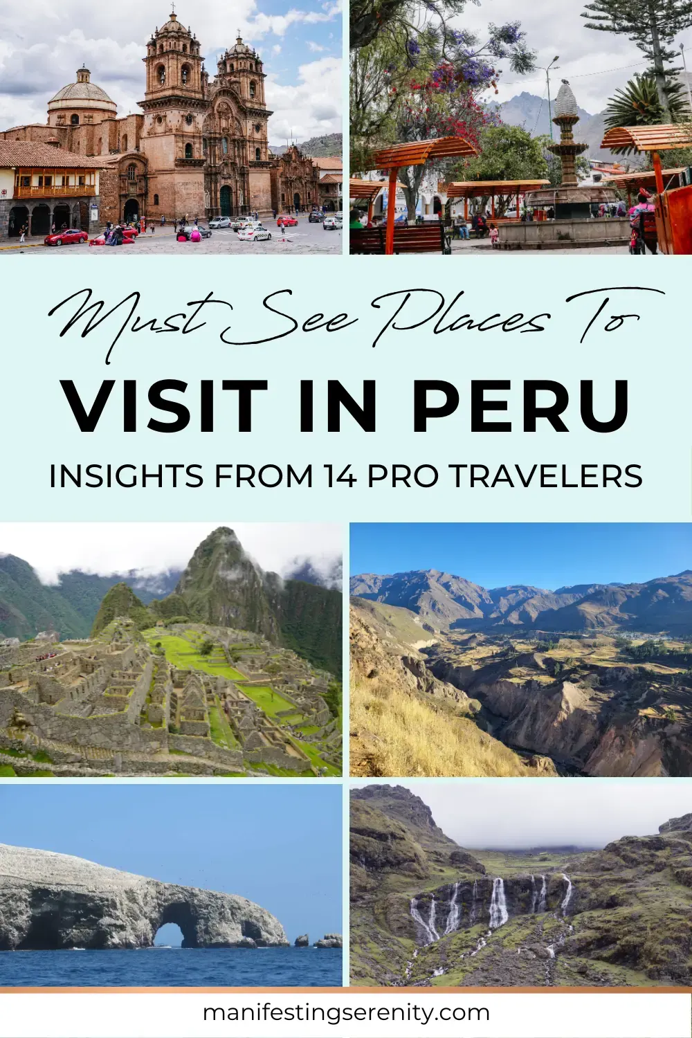 stunning view of Machu Picchu, one of the top places to visit in Peru, with its ancient stone structures set against the backdrop of green mountains. The clear blue sky and breathtaking landscape highlight the beauty and historical significance of this iconic Peruvian site.