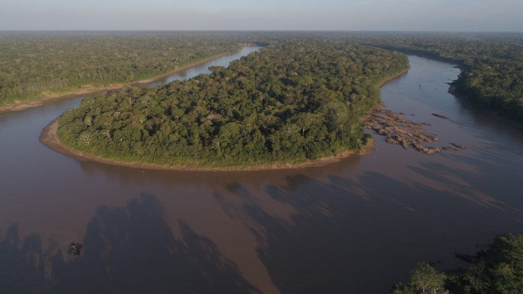 The winding curves of the Amazon River, surrounded by dense, lush rainforest. The river's brown waters snake through the green landscape, which stretches endlessly towards the horizon. Visiting the Amazon Basin is one of the unforgettable places to visit in Peru, offering a rich diversity of wildlife and a unique ecosystem.