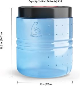 A BearVault BV500 bear canister, a 2.4-gallon, 9.3-liter container essential for safely storing food on the ultimate backpacking packing list.