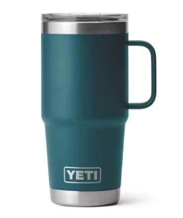 A teal Yeti insulated travel mug with a handle and a secure lid, ideal for keeping beverages hot or cold during a Vipassana Meditation Retreat.