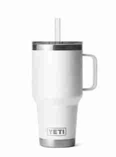 A white Yeti insulated travel mug with a handle and a straw lid. Ideal for maintaining your drink's temperature, this mug is perfect for staying hydrated and comfortable during a Vipassana Meditation Retreat.