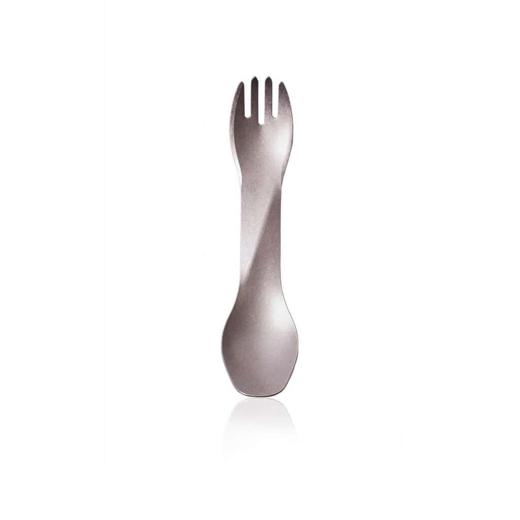 A lightweight spork, a combination of spoon and fork, an essential utensil for meals on the ultimate backpacking packing list.