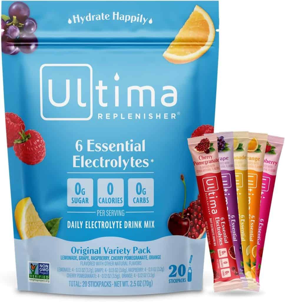 A package of Ultima Replenisher electrolyte drink mix with assorted flavors, perfect for staying hydrated on your hot springs packing list.