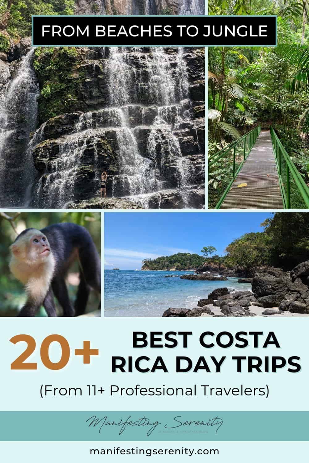 A collage of Costa Rica day trip highlights, including a beautiful waterfall, a green jungle bridge, a curious sloth, and a scenic beach with rocky shores.