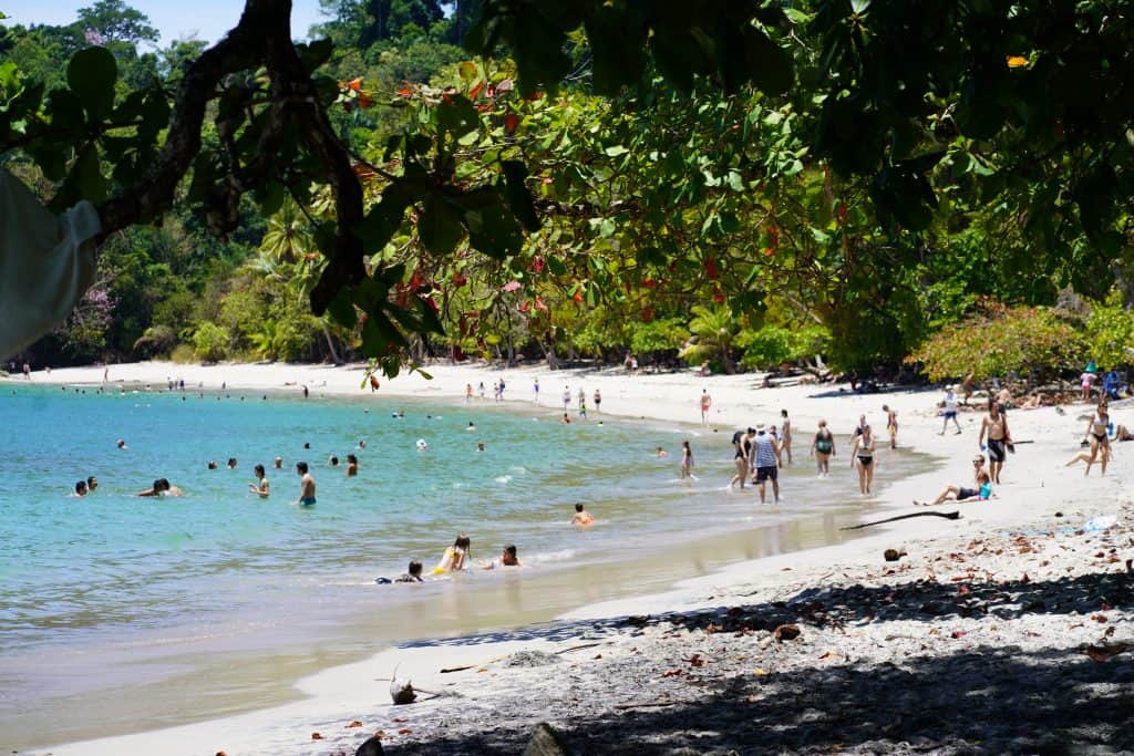 A lively beach in Costa Rica, perfect for day trips, with people swimming and relaxing on the white sand, surrounded by lush green foliage.