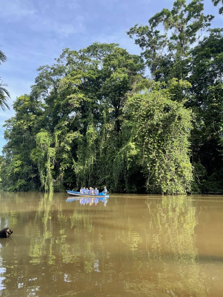 A small boat floating on a calm river, surrounded by lush, dense rainforest, typical of what you might experience on Costa Rica day trips exploring the country's natural beauty.