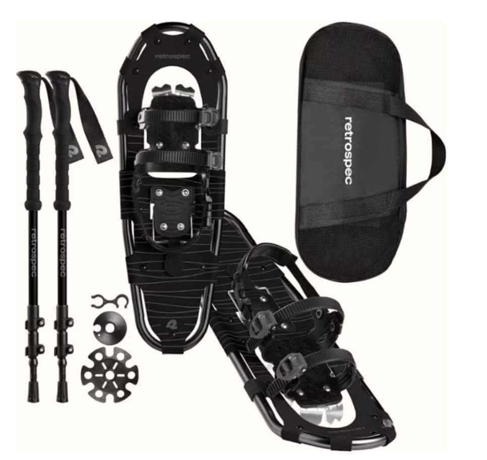 For your hot springs packing list, consider bringing this complete snow trekking set, which includes black snowshoes, adjustable trekking poles, and a compact carrying case for easy transport.