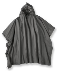 A black rain poncho, an essential item for your hot springs packing list to stay dry and comfortable during unexpected rain.