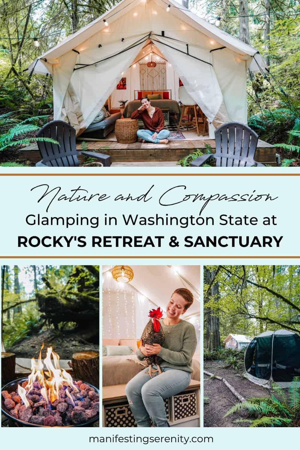 A cozy glamping in Washington State surrounded by trees, featuring a fire pit, warm decor, and a forest shower at Rocky's Retreat & Sanctuary.