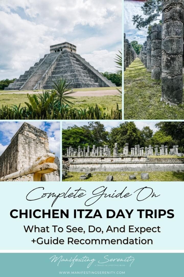 Collage of Chichen Itza with the main pyramid, stone columns, and ancient Ball Court.