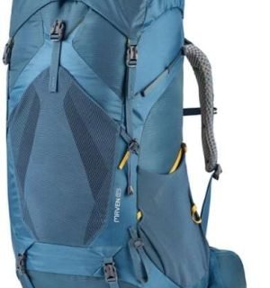 A blue Gregory backpack designed for backpacking. It has a large main compartment, multiple straps for securing items, and a ventilated back panel for comfort. The pack also includes various pockets and attachment points for additional gear, making it suitable for an ultimate backpacking packing list.