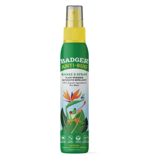 A bottle of Badger Anti-Bug Shake & Spray, a plant-powered insect repellent, making it a crucial item for the ultimate backpacking packing list.