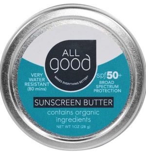 A small tin labeled "All Good Sunscreen Butter SPF 50+," which is water-resistant and contains organic ingredients, making it a great addition to a sustainable gift guide.