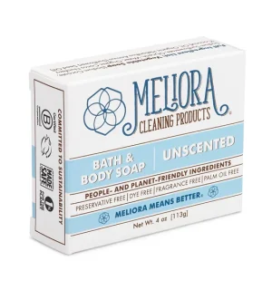 This image in the sustainable gift guide depicts a bar of unscented Meliora bath and body soap in eco-friendly packaging.